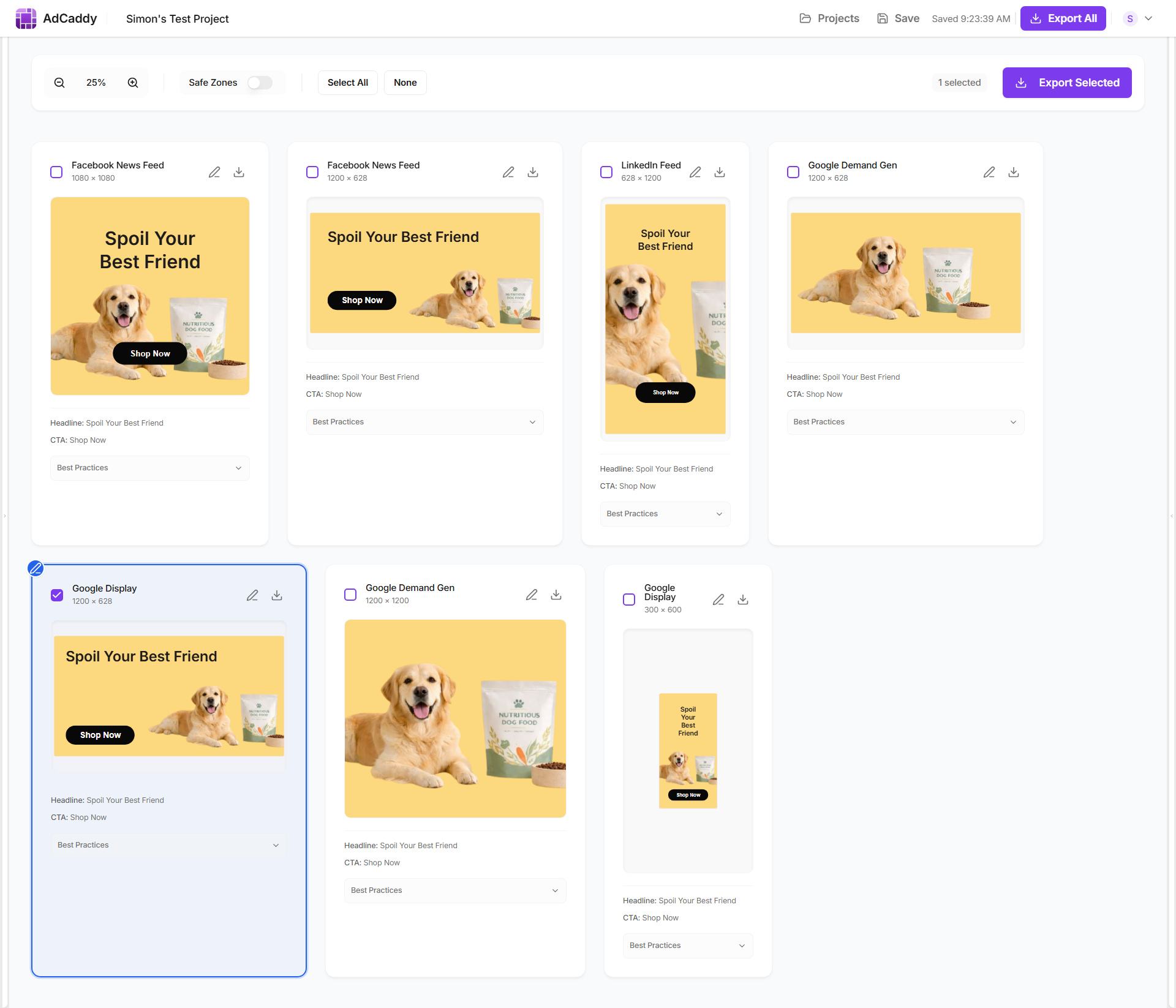 The AdCaddy editor showing one ad laid out across Facebook, LinkedIn and Google formats