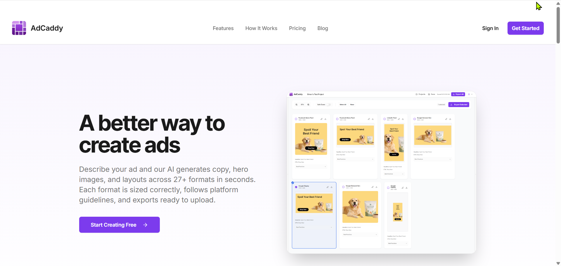 The AdCaddy marketing website home page