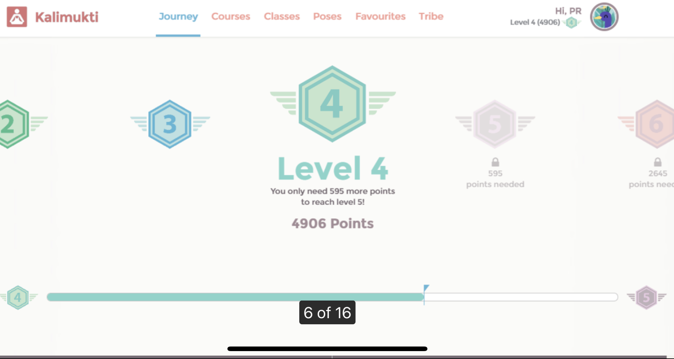 The Kalimukti Online journey screen showing the member's current level and points