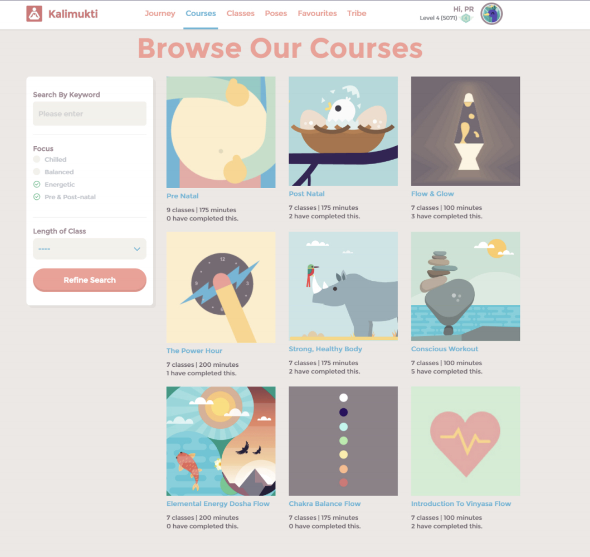 The Kalimukti Online course library with search, focus and class length filters