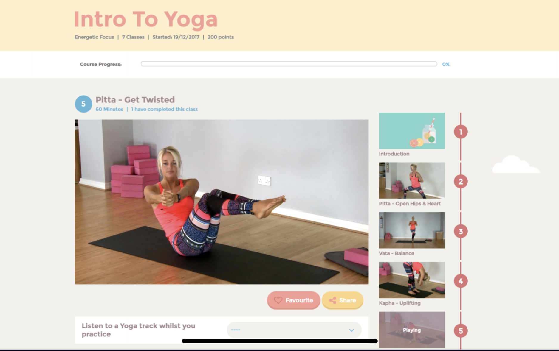 A Kalimukti Online course page showing a yoga video class and the list of classes in the course