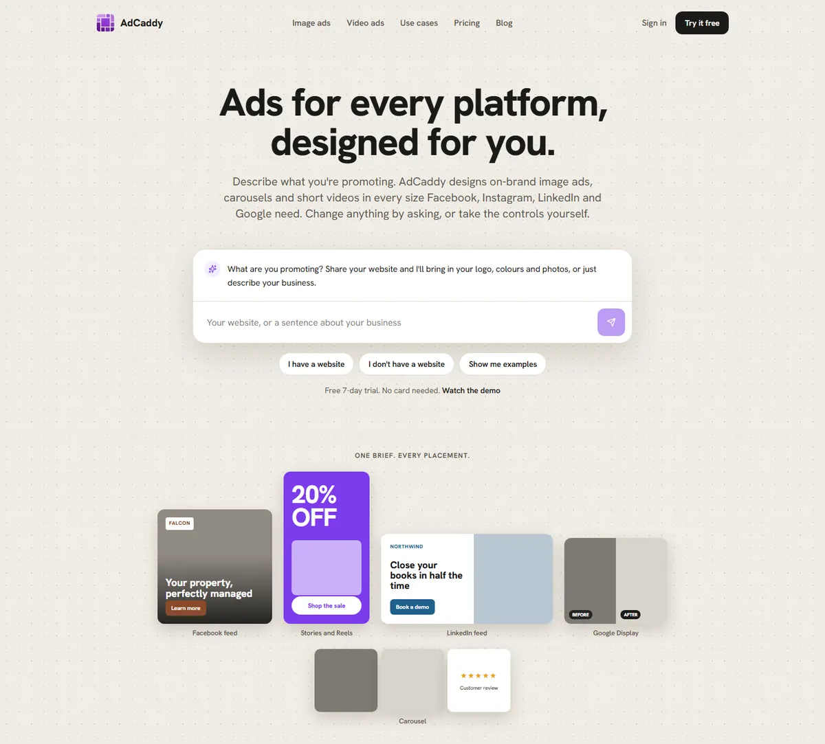 AdCaddy homepage with ad formats