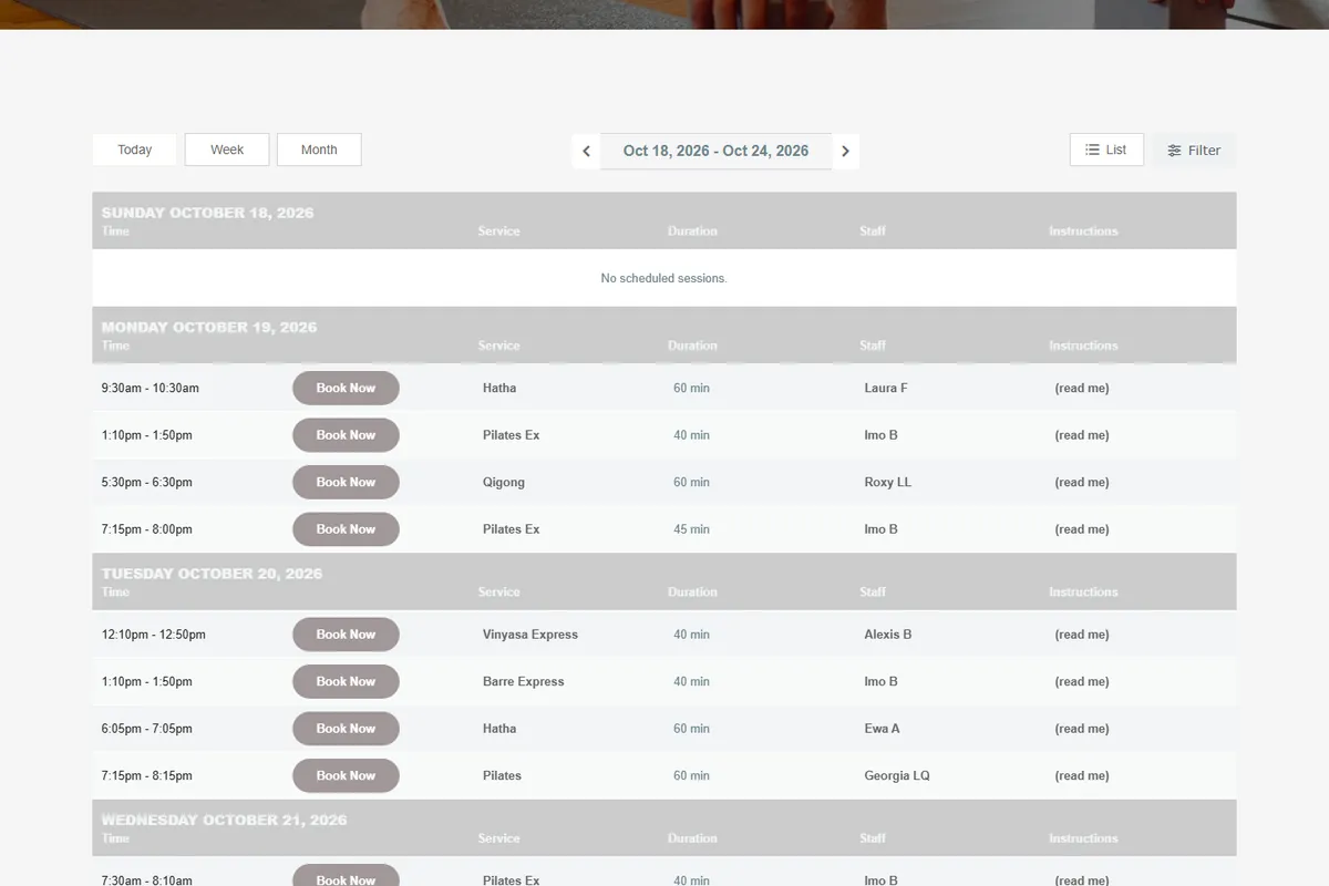 Class timetable with booking